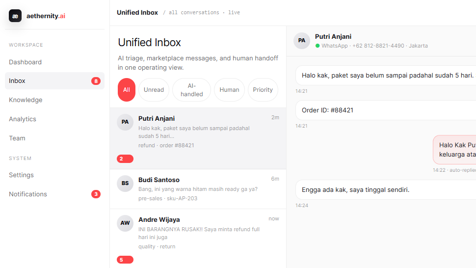 Aethernity Unified Inbox CRM interface with AI-suggested actions